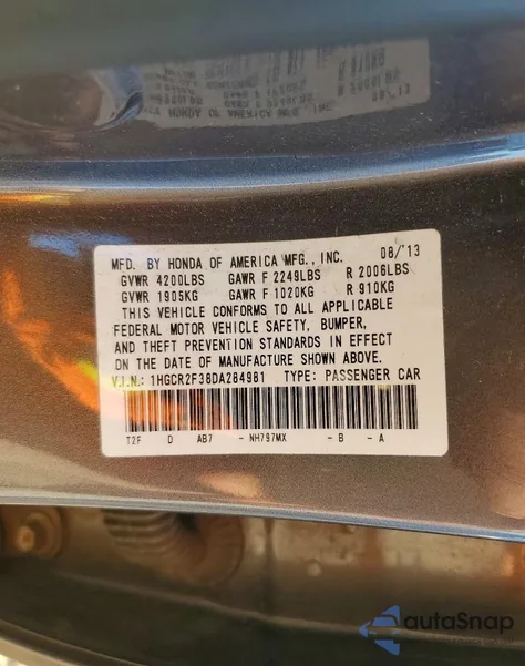 2013 Honda Accord Lx from USA, damaged, VIN 1HGCR2F38DA284981